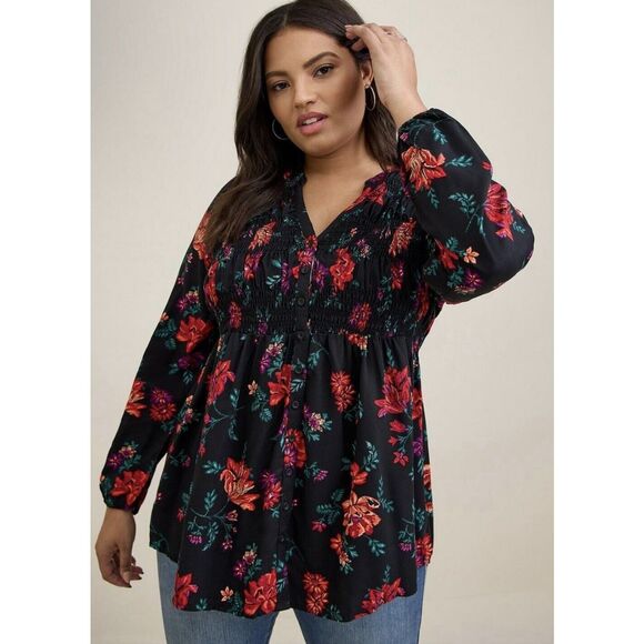 Torrid Twill Smocked Button Front Tunic - Size 3X - Multicolored - Picture 2 of 10